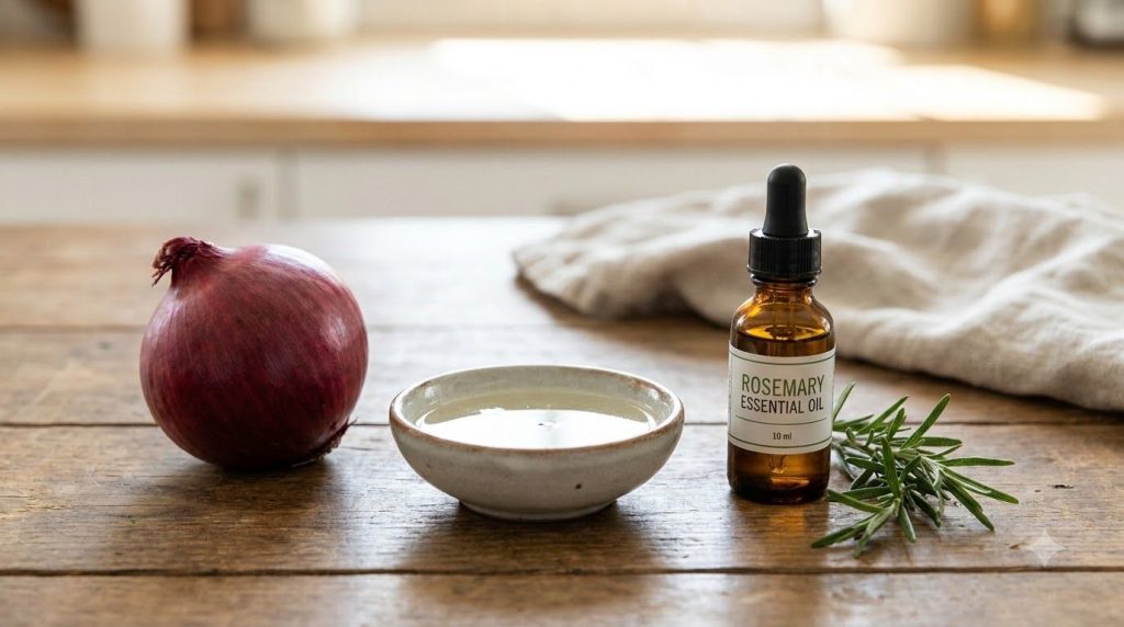 Ingredients for an onion hair mask laid out a fresh onion a small bowl of melted coconut oil and a bottle of rosemary es