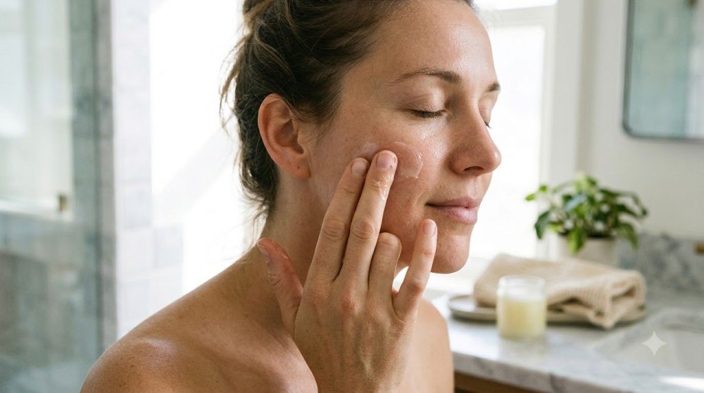 A woman s hand gently applying a small amount of the homemade Vaseline baby oil and vitamin E balm to her cheek demonstr