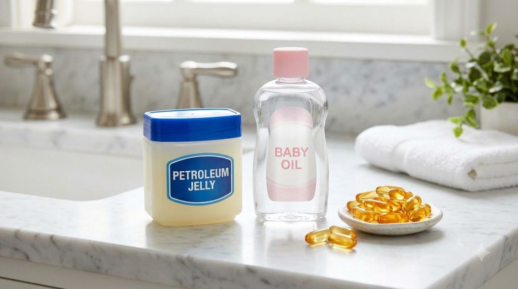 The three main ingredients a jar of Vaseline a bottle of baby oil and several vitamin E capsules neatly arranged on a ba