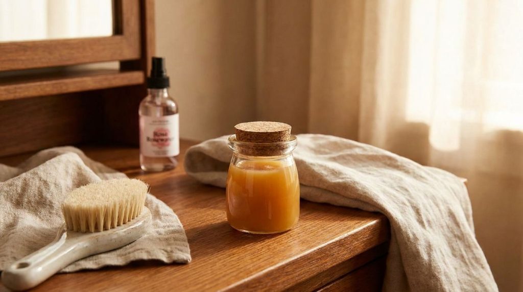 A small elegant glass jar of the homemade Vaseline-based balm placed on a vanity with other simple beauty essentials sug