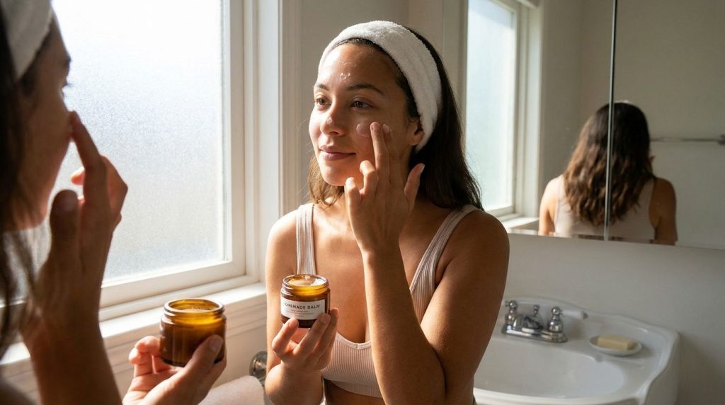 A woman gently applying a small amount of the homemade Vaseline balm to her clean face focusing on her cheeks and forehe