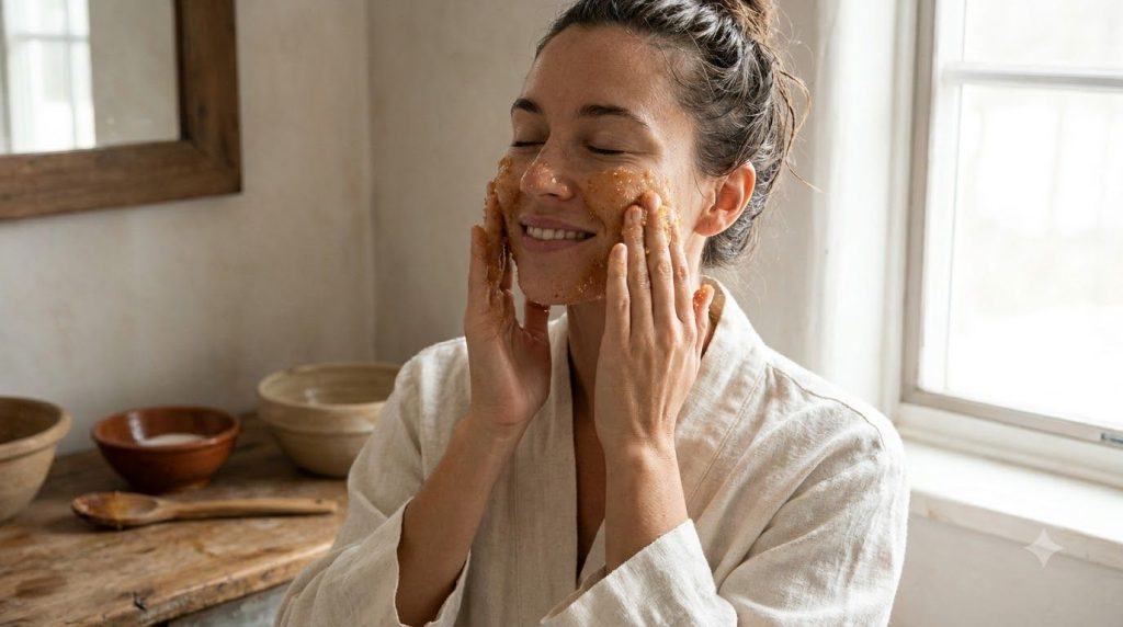 A woman gently applying a homemade sugar scrub to her face eyes closed with a fresh and clean background