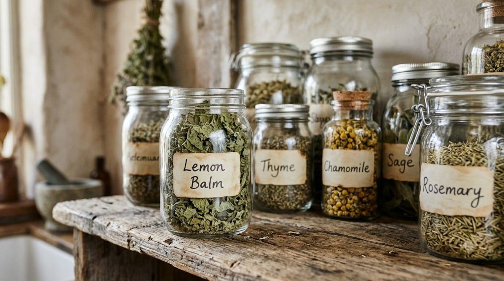 A variety of dried herbs in glass jars on a shelf including one clearly labeled Lemon Balm emphasizing proper storage