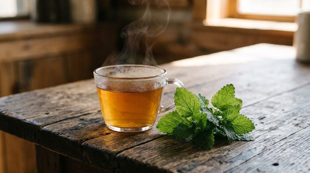 A cup of freshly brewed lemon balm tea with steam gently rising and a few fresh lemon balm leaves next to it