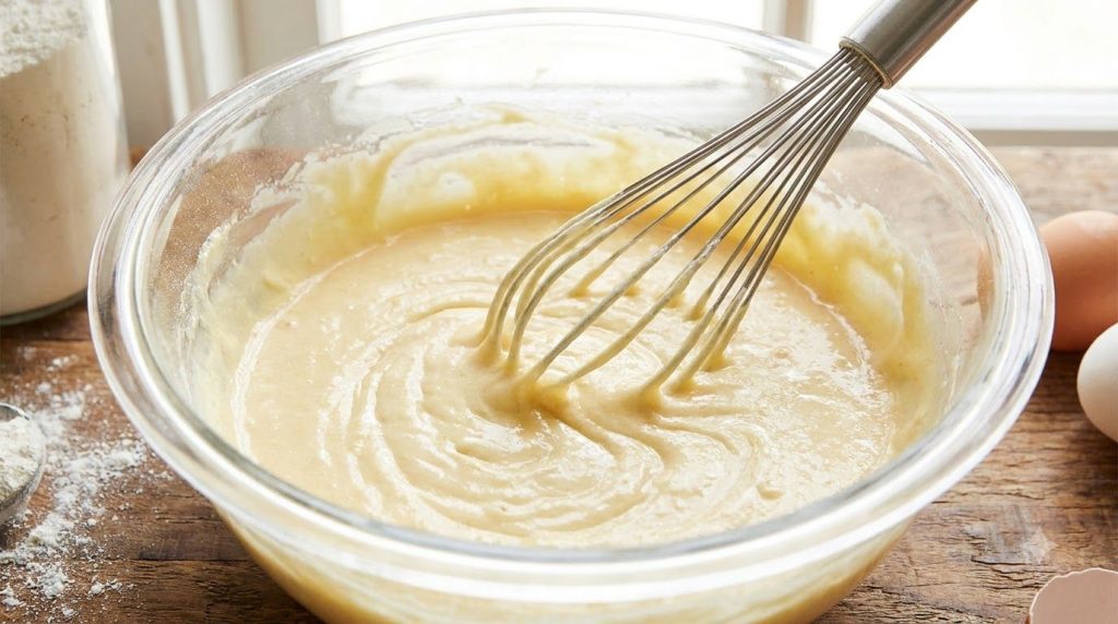 A clear glass bowl with thick pale yellow cake batter being whisked by a metal whisk showing the creamy smooth texture o