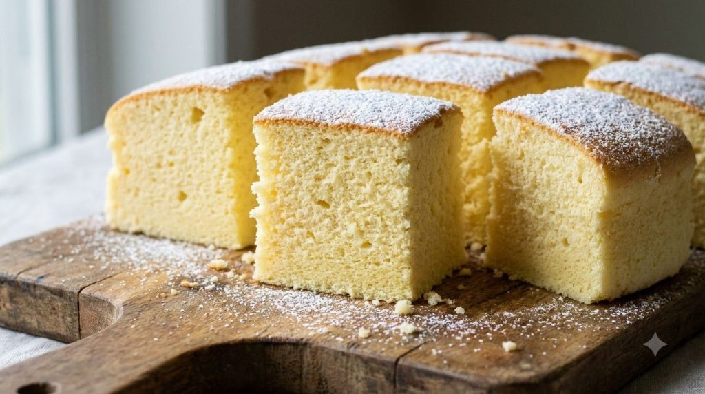 Several square slices of Taiwanese Jiggly Castella cake lightly dusted with powdered sugar arranged on a rustic wooden c
