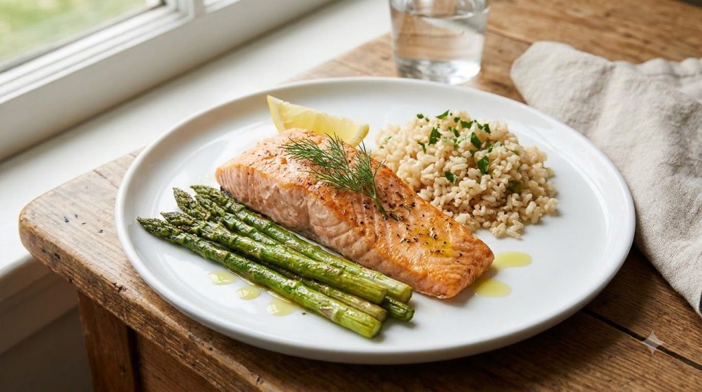 A healthy dinner of baked salmon with roasted green asparagus and a side of brown rice presented on a white plate