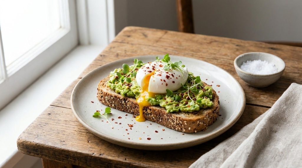 A delicious and healthy breakfast of avocado toast with a poached egg on whole-grain bread topped with a sprinkle of red