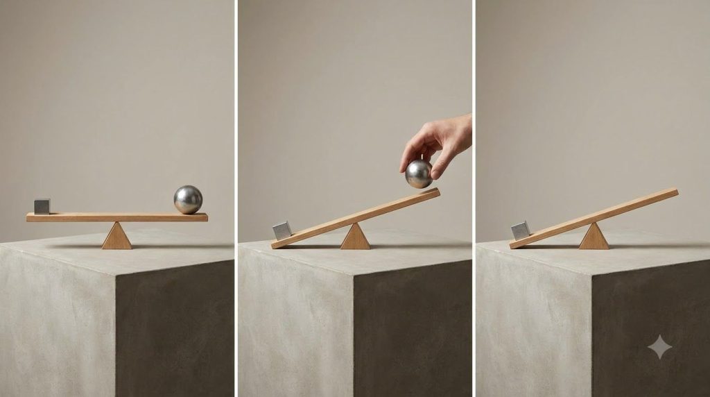 An illustration of a simple lever system with a fulcrum and two masses demonstrating the principle of balance