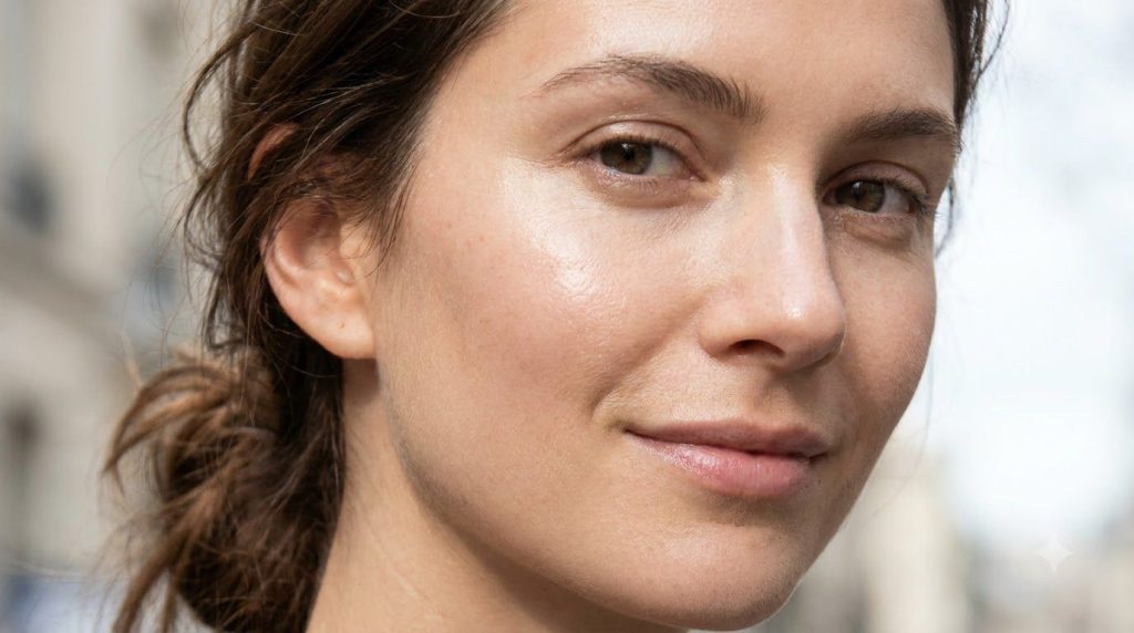 Close-up of a woman s face with visibly smooth hydrated skin and a subtle natural glow highlighting the potential benefi