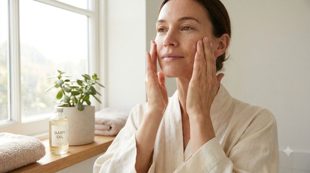 A woman gently massaging baby oil onto her face with a soft content expression demonstrating the application steps