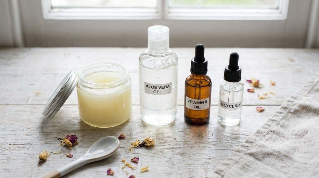 Ingredients for the glow gel laid out a jar of Vaseline a bottle of aloe vera gel a bottle of vitamin E oil and a small
