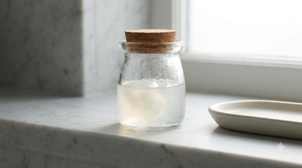 A close-up of a glass jar containing the finished homemade Vaseline glow gel with a dewy texture on a clean bathroom cou