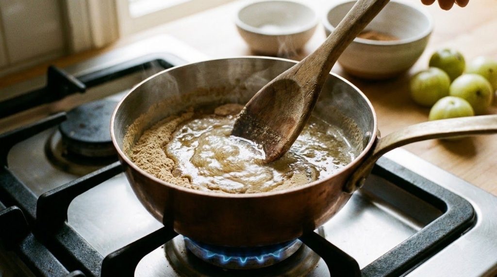 A close-up of Amla powder and coconut oil being gently heated in a saucepan on a stovetop with a spoon stirring the mixt
