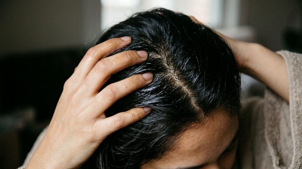A person s hand gently massaging homemade hair oil into their scalp and hair showing healthy dark hair