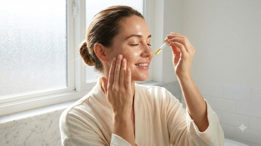A woman gently massaging the homemade oil blend onto her face with a soft natural glow on her skin