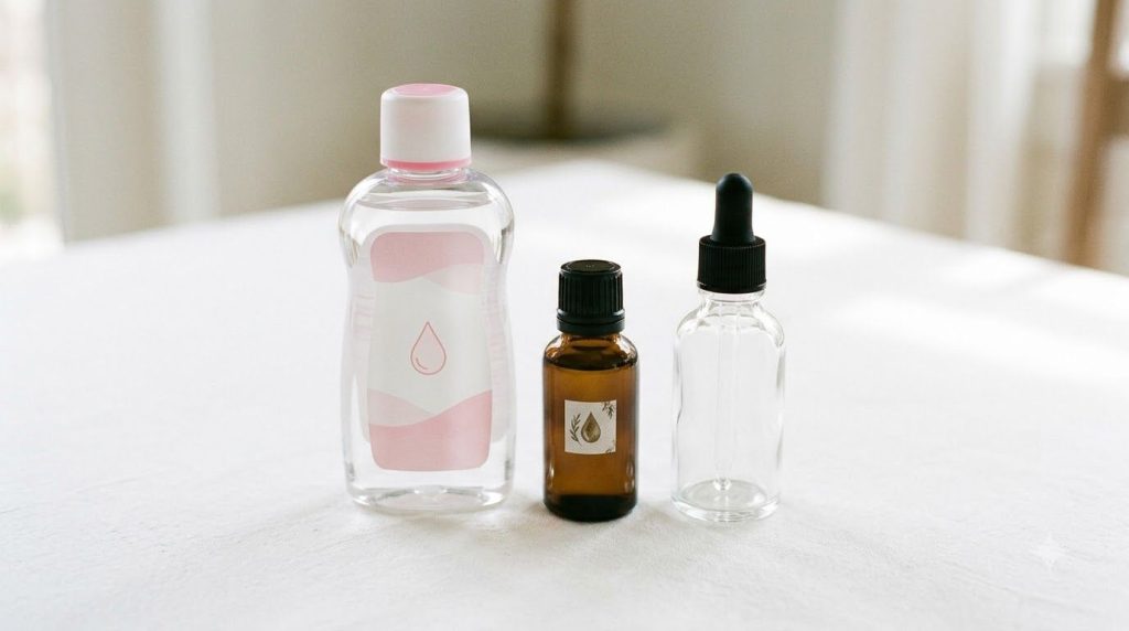Ingredients for the baby oil hack laid out on a clean surface a bottle of baby oil a small bottle of Vitamin E oil and a