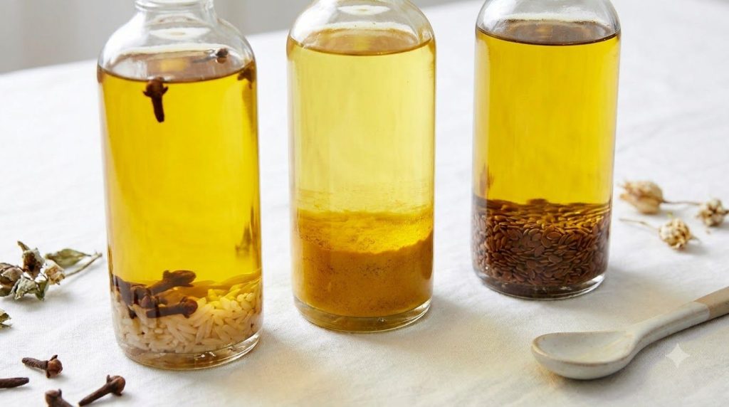 Three finished bottles of infused baby oil one with rice and cloves one with turmeric and one with flax seeds labeled an