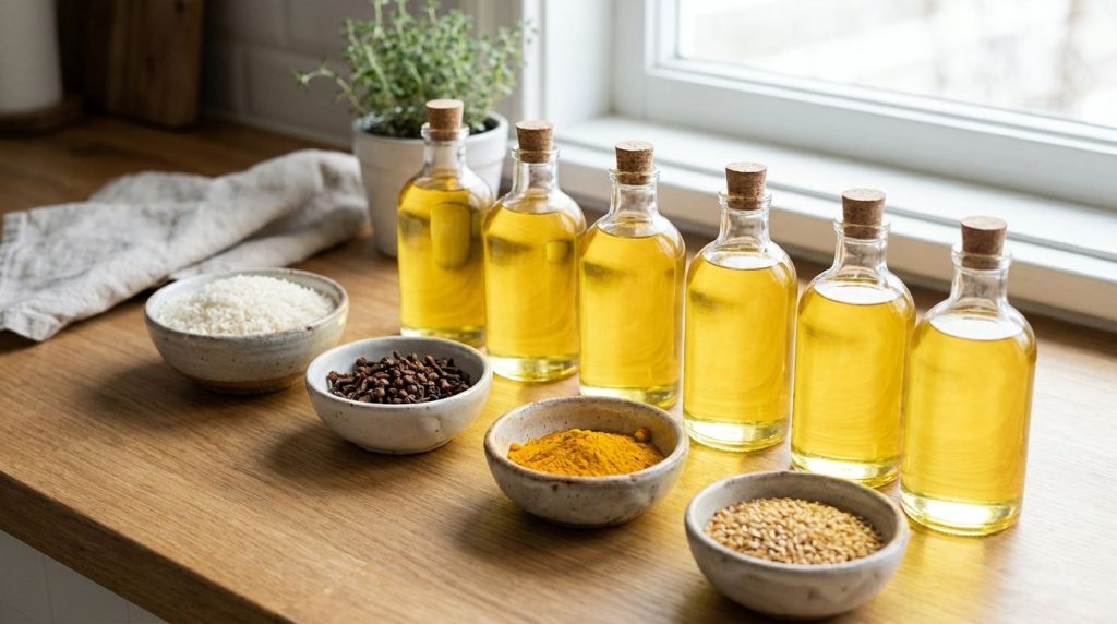 Small glass bottles of baby oil on a counter with bowls of rice cloves turmeric powder and flax seeds ready for infusion