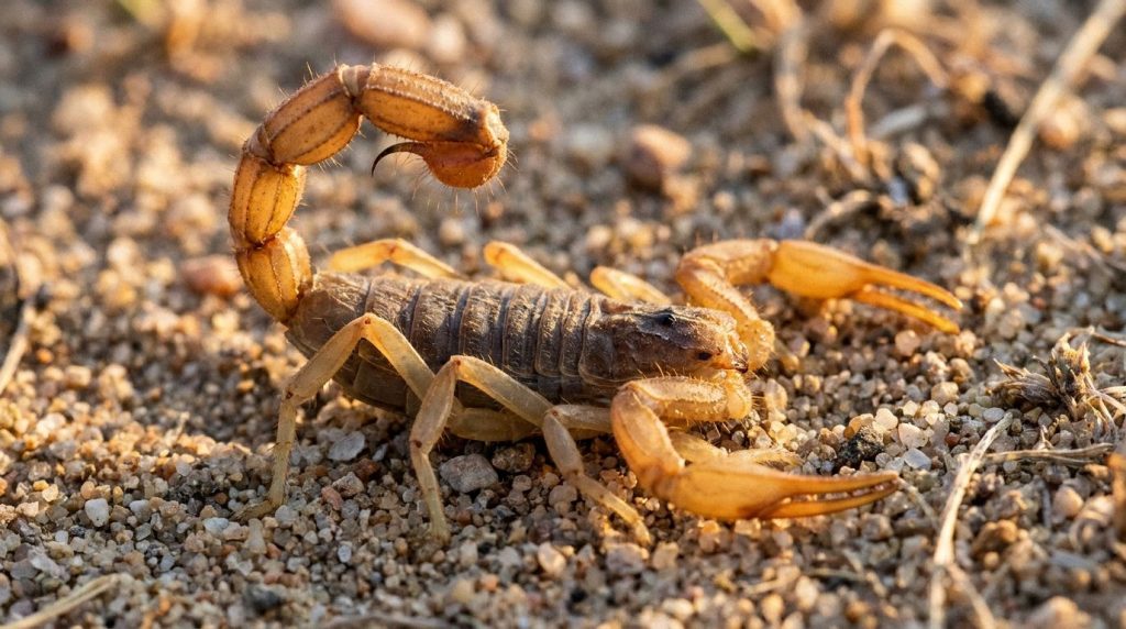 A close-up photo of a desert scorpion on sand illustrating a potential threat in a desert environment