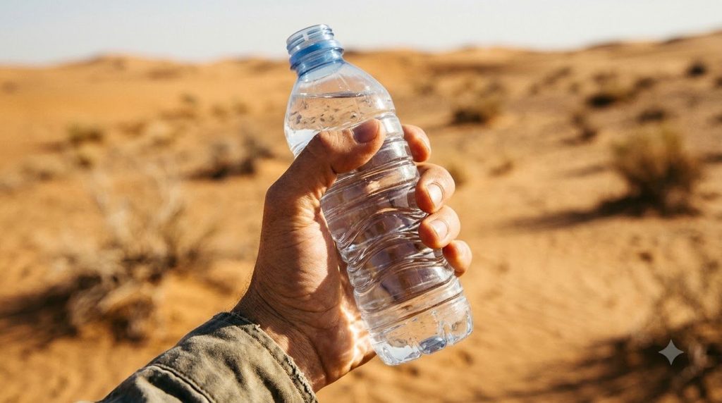 A close-up of a person s hand holding a small bottle of water in a vast dry desert landscape