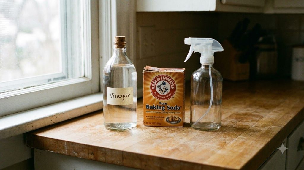 Ingredients for cleaning hard water stains a bottle of white vinegar a box of baking soda and a spray bottle