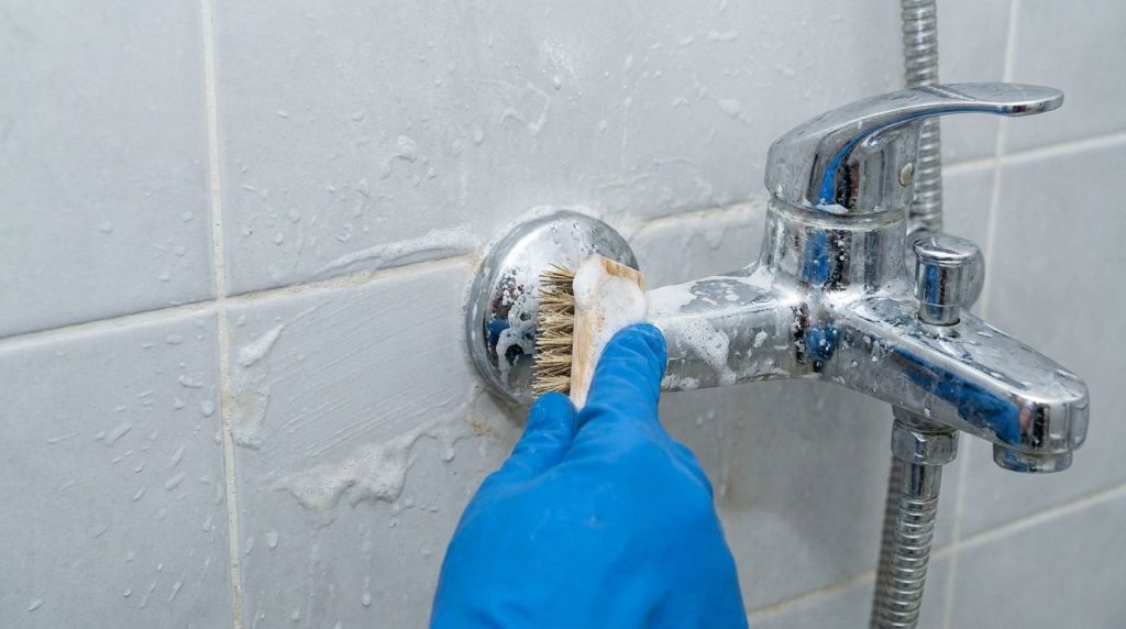 A hand scrubbing hard water stains from a shower faucet and tiled wall with a brush and cleaning solution