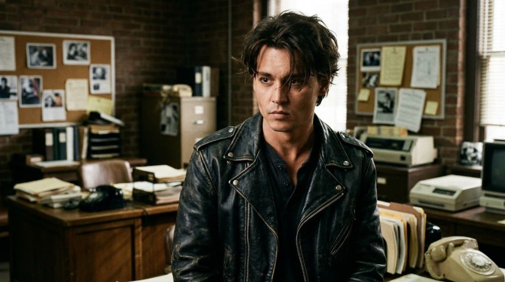 Young Johnny Depp as Tom Hanson in 21 Jump Street looking serious in a leather jacket