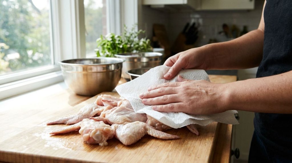 Raw chicken wings being patted dry with paper towels on a cutting board