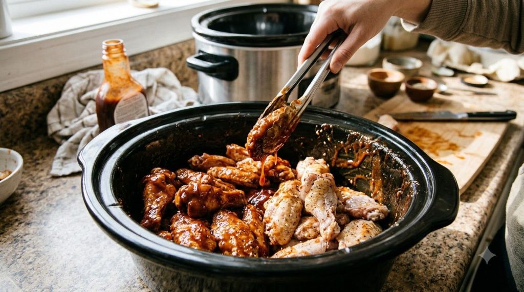 Chicken wings being tossed with BBQ sauce in a slow cooker