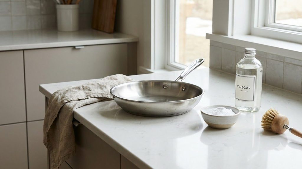 A clean sparkling frying pan placed on a kitchen countertop next to a bowl of baking soda and a bottle of white vinegar 