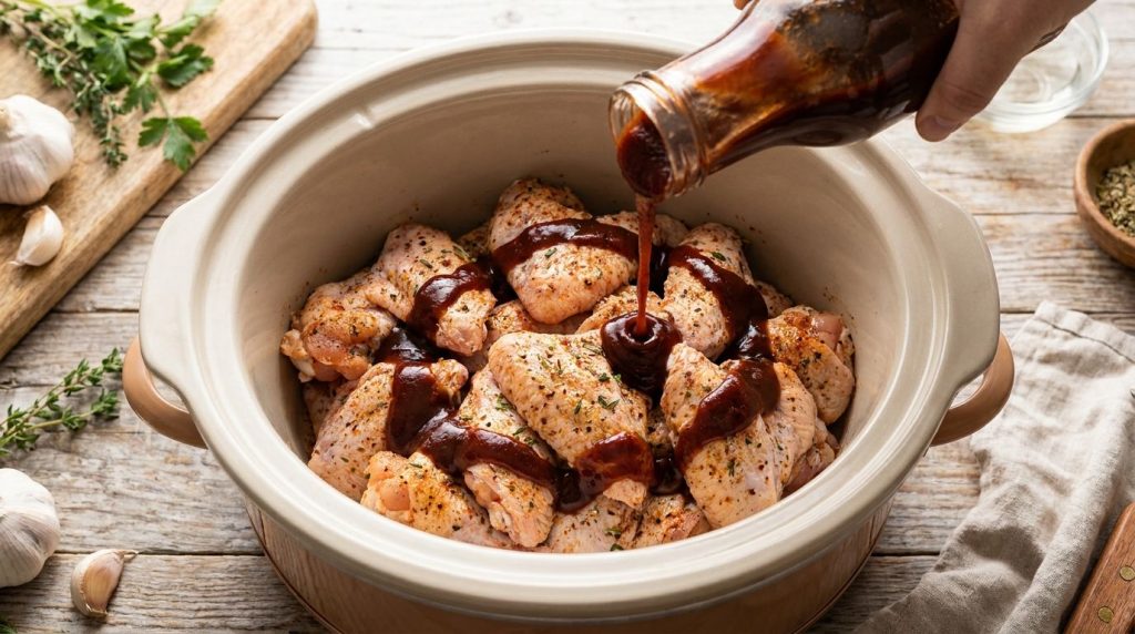 A slow cooker filled with seasoned raw chicken wings with a bottle of BBQ sauce pouring over them