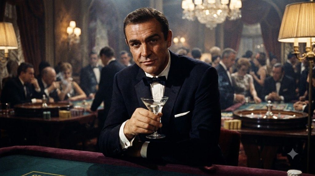 Sean Connery as James Bond in a classic pose with a martini or gun exuding elegance and confidence