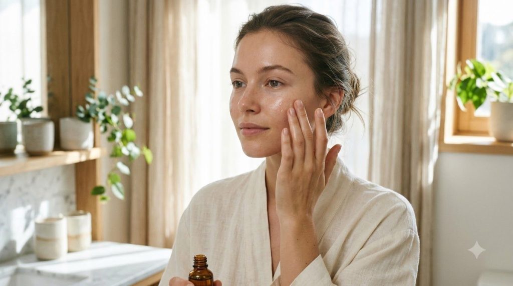 Una mujer joven con piel suave y radiante aplicando suavemente unas gotas de aceite facial en su rostro con las yemas de