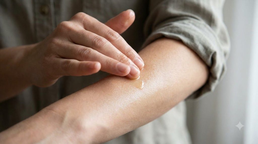 A close-up of a person gently applying baby oil to their leg showcasing smooth hydrated skin