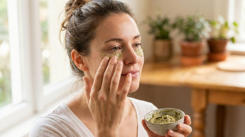 Mujer aplicando una mascarilla casera en el contorno de sus ojos mostrando la delicadeza del proceso