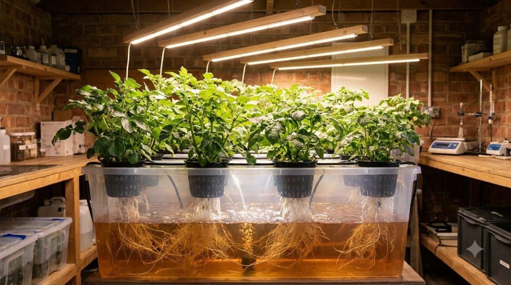 An indoor hydroponic potato system with green foliage growing out of net pots and roots visible in the clear nutrient so