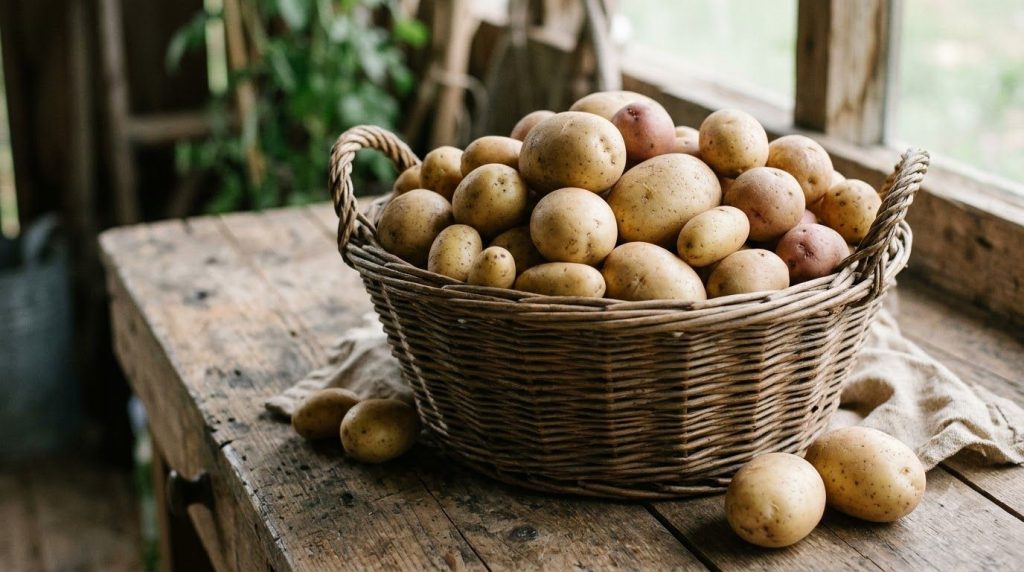 A basket of freshly harvested hydroponic potatoes showing clean smooth skins without any soil residue