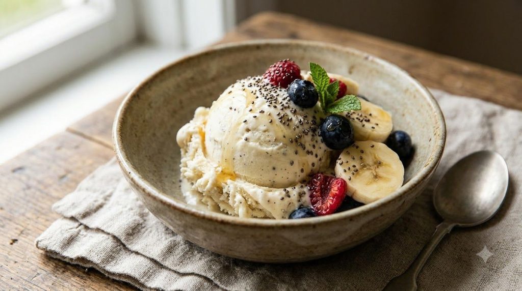A scoop of creamy banana chia vanilla ice cream in a bowl topped with fresh fruit