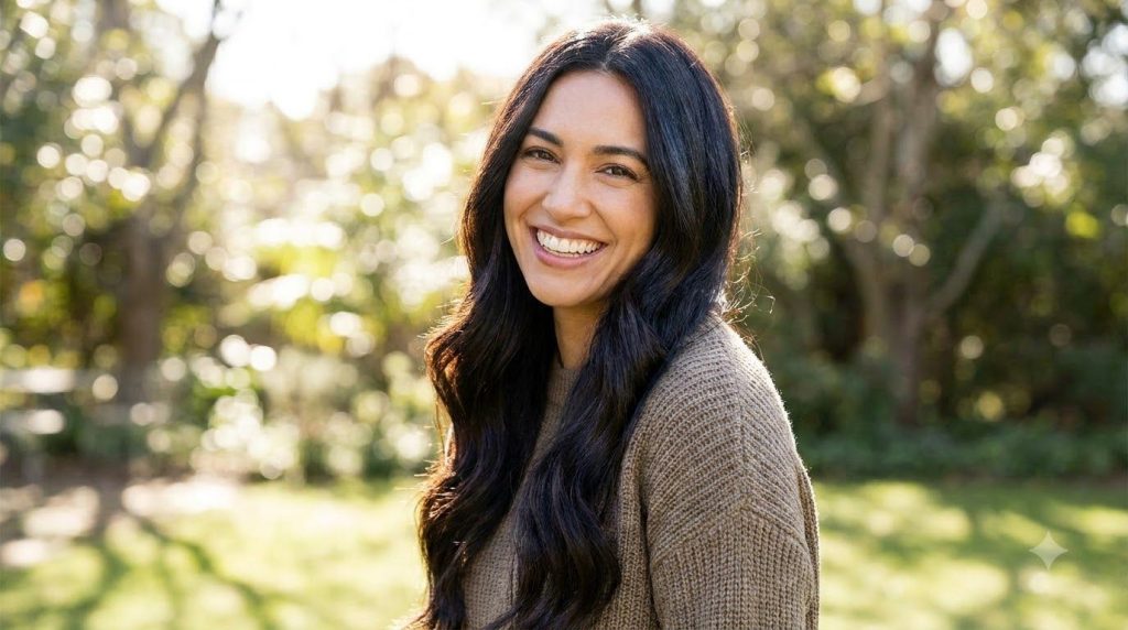 A woman with visibly healthy shiny hair smiling representing the desired outcome of hair care