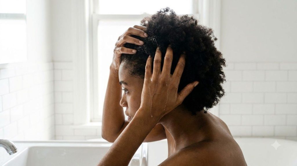 A person applying onion juice to their scalp with fingertips showing a gentle massage