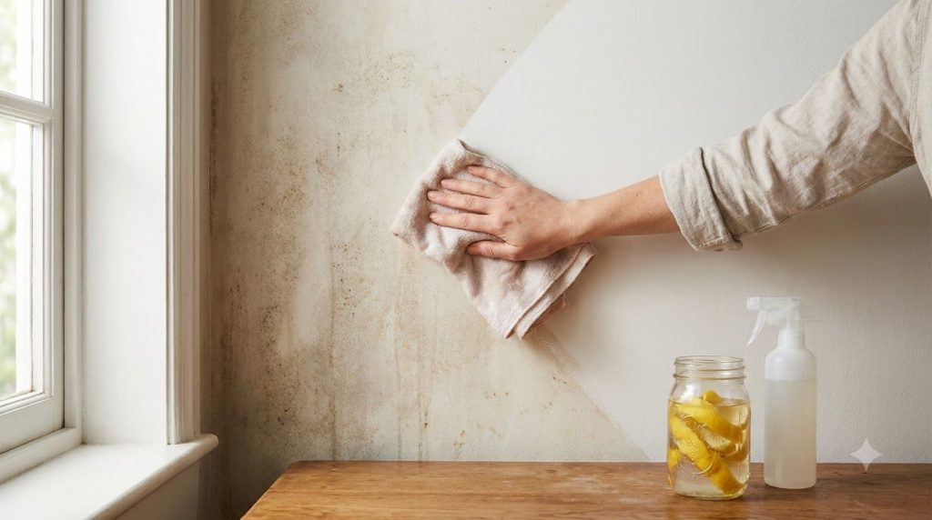 A hand gently wiping a stained wall with a soft cloth dipped in a homemade cleaning solution showing a clear before and