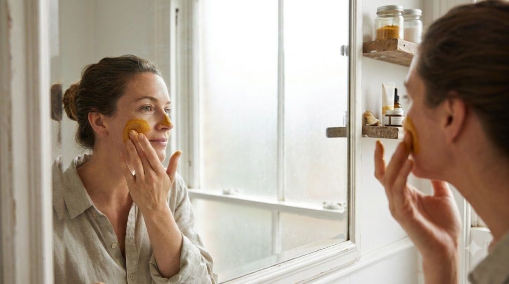 A woman gently applying a yellow turmeric face mask to her cheek looking into a mirror with a focus on careful applicati