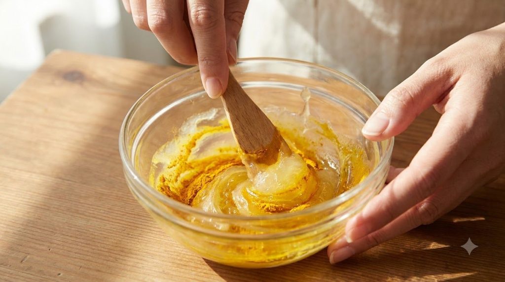 Close-up of a person mixing petroleum jelly lemon juice and turmeric powder in a small bowl to form a smooth paste