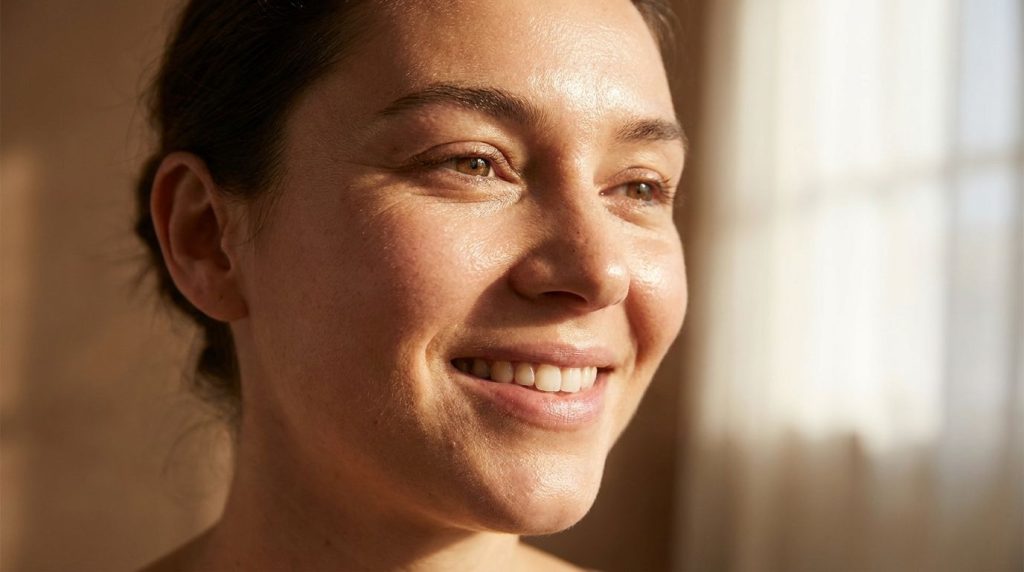 Primer plano de un rostro con piel de aspecto saludable y radiante con un ligero brillo natural para representar el conc