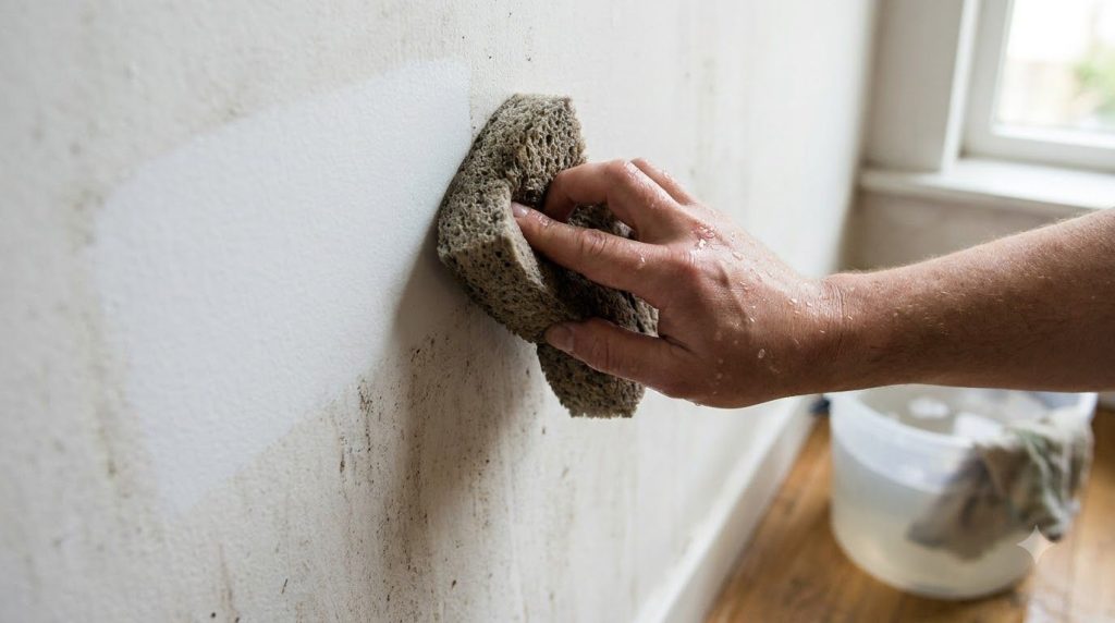 A person s hand using a soft sponge to gently clean a visibly dirty wall with the cleaning solution visible on the spong