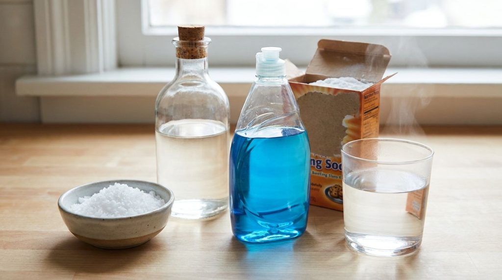 Close-up shot of various cleaning ingredients like water coarse salt white vinegar blue dish soap and baking soda laid o