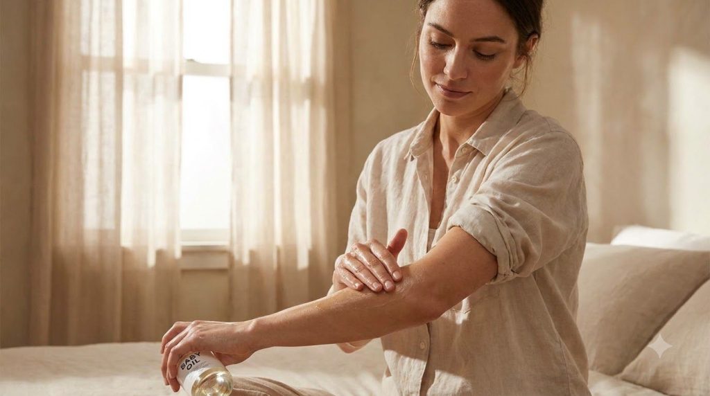 A woman gently massaging baby oil onto her arm demonstrating the application of the oil for soft skin