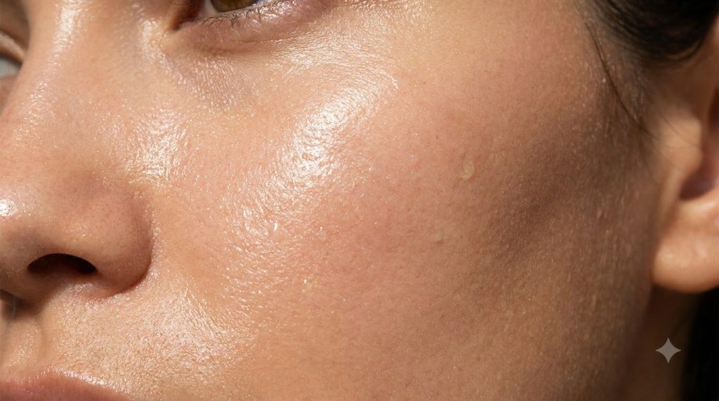 Close-up of healthy glowing skin with a hint of moisture illustrating the effect of hydration and oil on skin texture