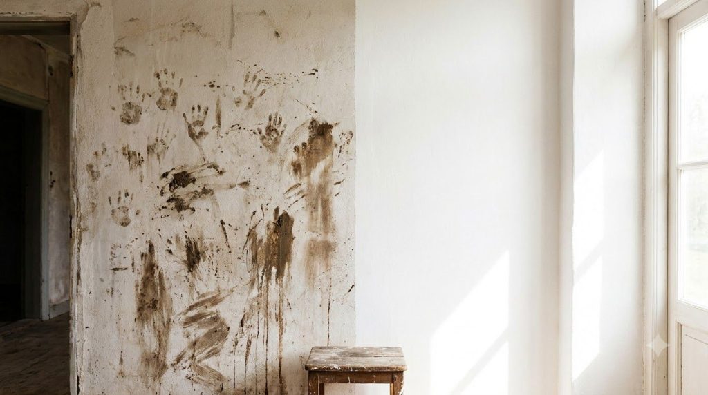 A section of a starkly dirty wall covered in numerous brown streaks and handprints on one side and on the other side the